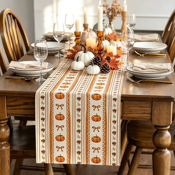 Thanksgiving Fall Harvest Table Runner with Bows Pumpkins and Pinecones for Holiday Dining Table Decor