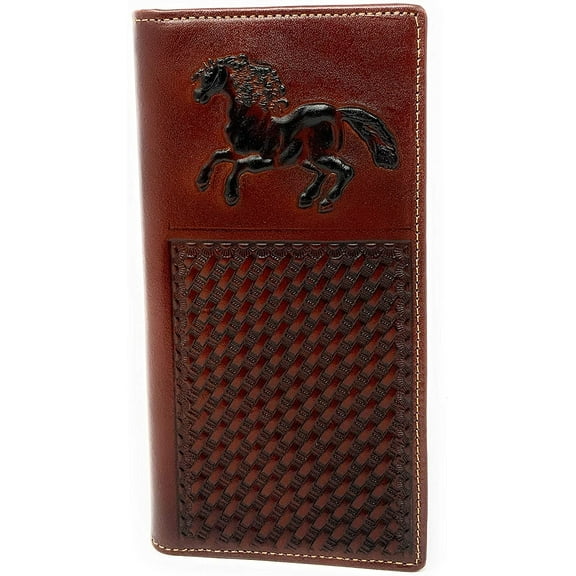 Premium Genuine Western Mens Embossed Horse Basketweave Long Wallet in 3 Colors