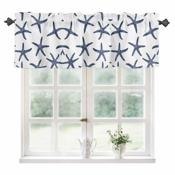 Navy Blue Starfish Coastal Kitchen Valances for Windows 42x12 Inch Kitchen Curtains Valances Rod Pocket Nautical Summer Beach Ocean Bathroom Window Valances for Window Treatment Decor