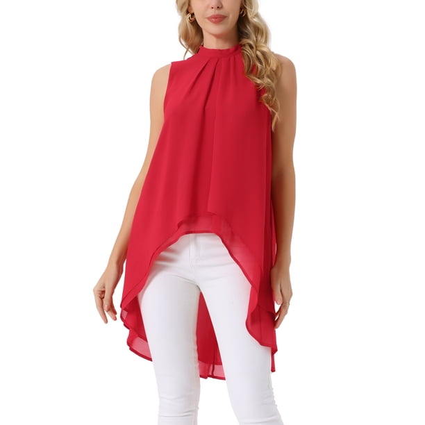 INSPIRAR CHIC Blusas de Chifón sin Mangas con Cuello Alto y Espalda Atada, Corte Alto-Bajo, Camisa de Verano, M Rojo