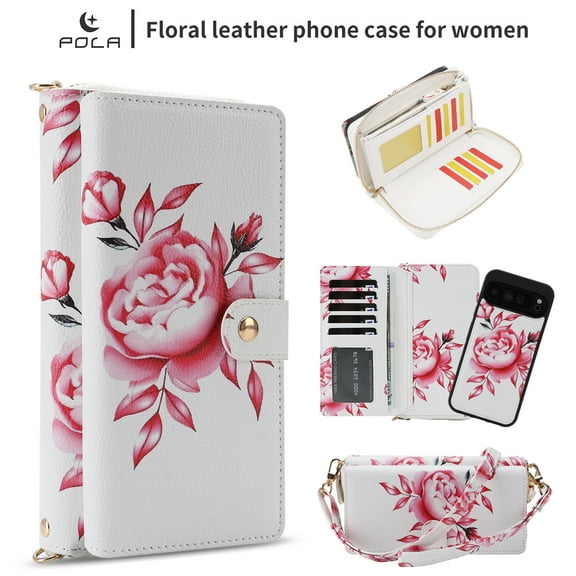 ELEHOLD Detachable Wallet Case for Google Pixel 10 /10 Pro, Shock-Resistant Heavy Duty PU Leather Floral Magnetic Zipper Credit Card Slots Wallet Case With Strap ,White