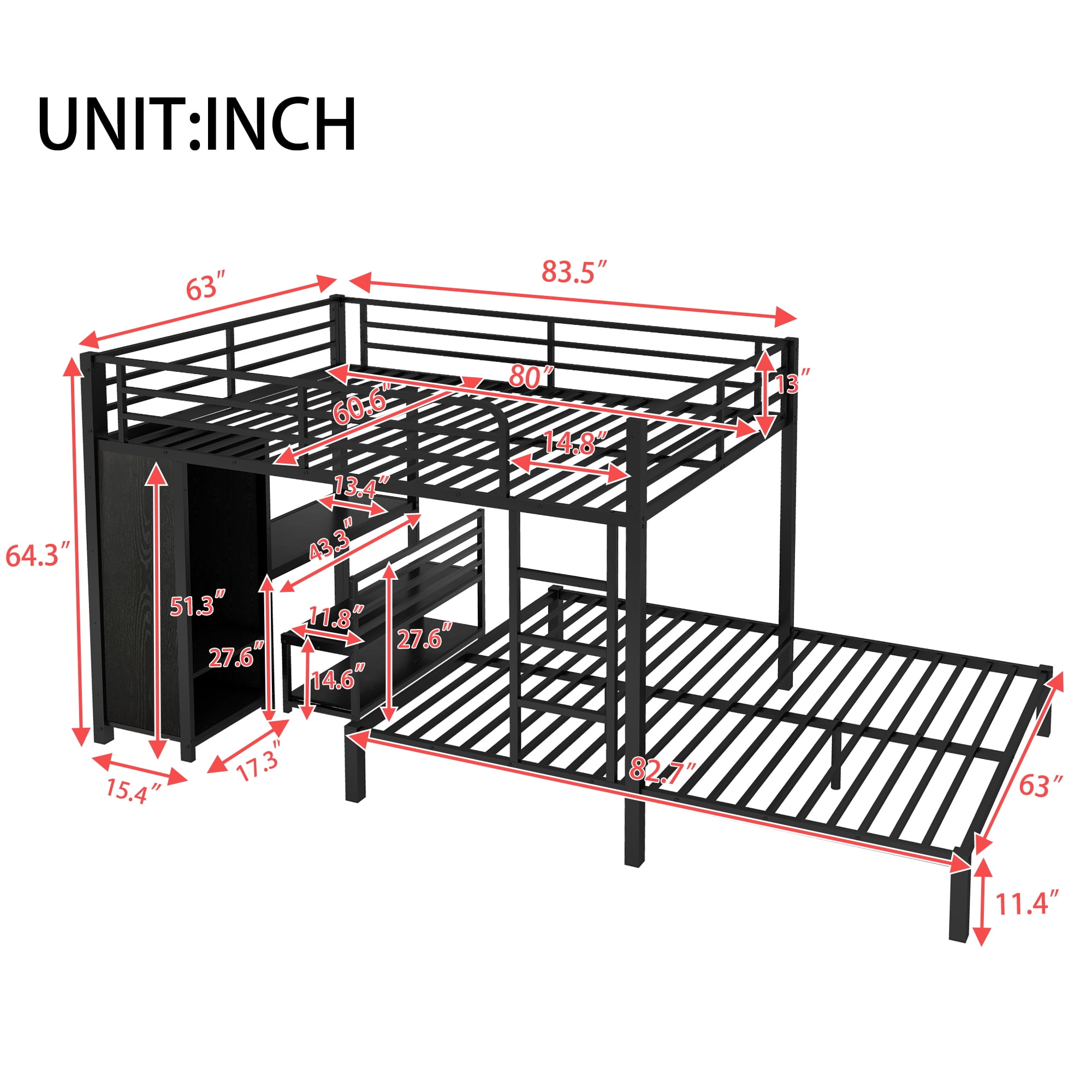 Queen over Queen Bunk Bed with Built-in Wardrobe,Heavy Duty Metal Bunk Bed with Desk and Storage Chairs,Black