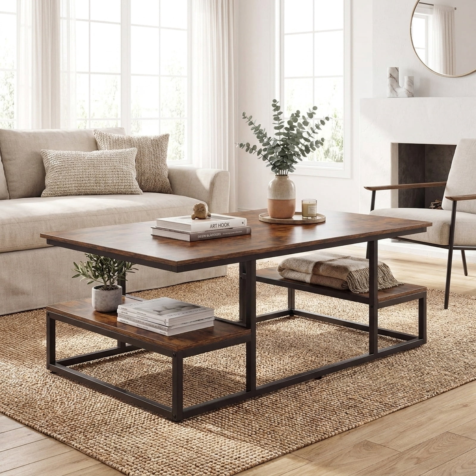 Furnibear 43 Inch Rectangle Coffee Table with Two Open Shelves and Metal Frame a Rustic Wood Living Room Center Table, Rustic Brown