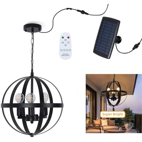 Solar Pendant Light,3-Light Globe Solar Chandelier Outdoor/Indoor,Black Metal Orb Design,Waterproof Dimmable Hanging Pendant Lights for Gazebo, Pergola, Canopy,Garden