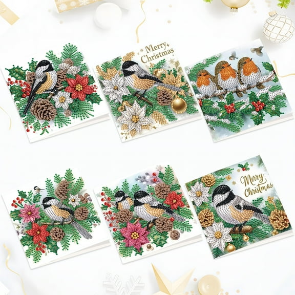 6pcs Diamond Painting Kit Greeting Card, Birdie 5D DIY Diamond Handmade Holiday Greeting Card with Envelope, Christmas Gift Congratulation