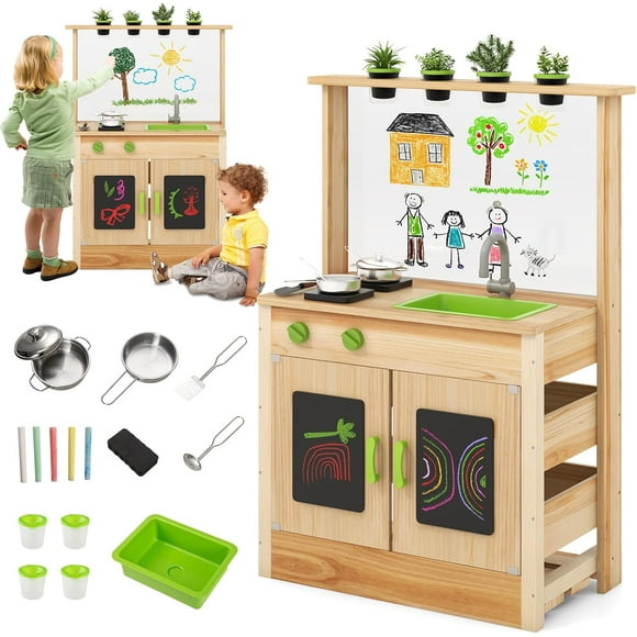 OLAKIDS Mud Kitchen, Outdoor Play Kitchen with Acrylic Drawing Board Blackboard 4 Cups Removable Sink Cooking Accessories Wooden Kids Kitchen Playset Backyard Garden Toys Gift for Boys Girls Ages 3+