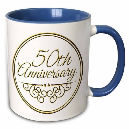 3dRose 50th Anniversary gift - gold text for celebrating wedding anniversaries - 50 years married together - Two Tone Blue Mug, 15-ounce