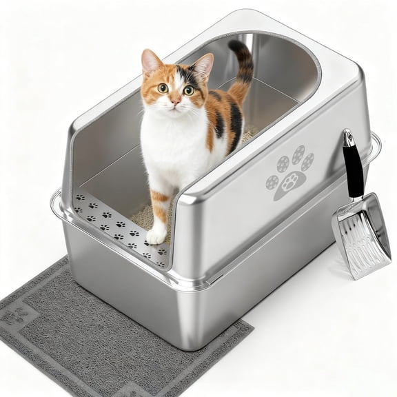 Ptlom Stainless Steel Litter Box with Lid Metal Litter Box Extra Large Cat Litter Pan 23.4" X 15.5" X 15.7"