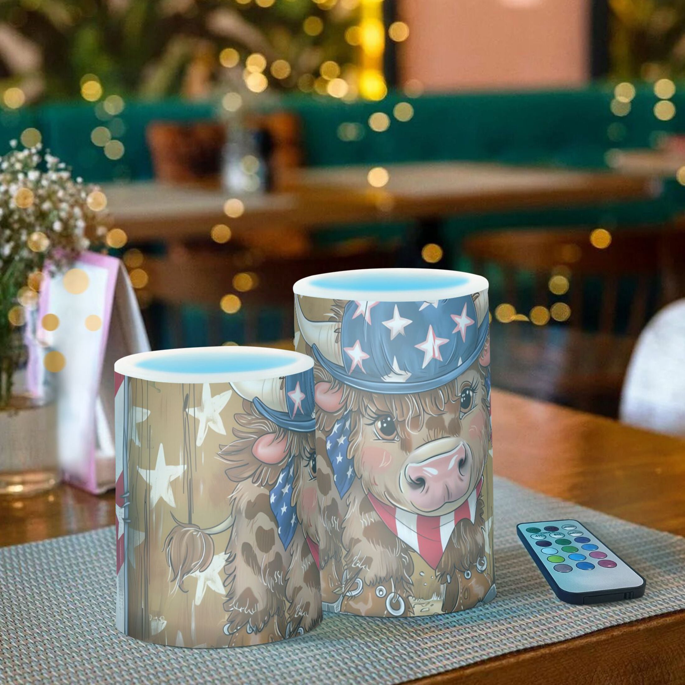 Cow Cowboy American Flag Flameless Candles&nbsp;LED Lights Battery Operated Candles with Remote and Timers Flicker Lights Votive Set of 2