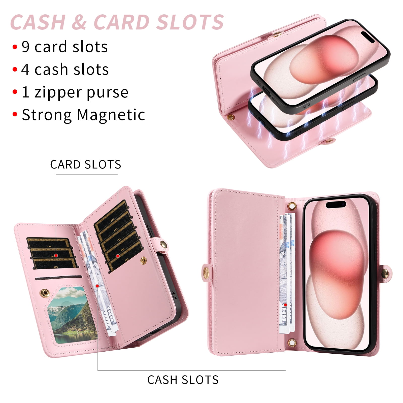 Asuwish Phone Case for iPhone 15 6.1 inch Zipper Wallet Detachable Cell Cover with Tempered Glass Screen Protector Crossbody Lanyard Strap Bling Glitter Flip Card Holder Slot iP15 Women Girls Pink