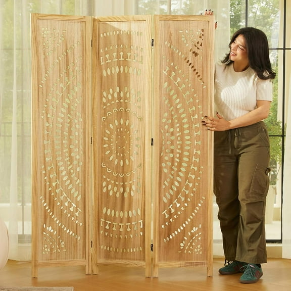 Room Divider Wood Carved Wall Divider Indoor Folding Bohemian Style Portable Partition Screen for Home Office Garden Terrace - 3 Panels (Natural)