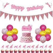 Leopard Print Birthday Decorations Pink - Happy Birthday Banner, Pink Cheetah Cupcake & Cake Toppers, Leopard Print Balloons for Girls Women Jungle Safari Animals Theme Party Supplies