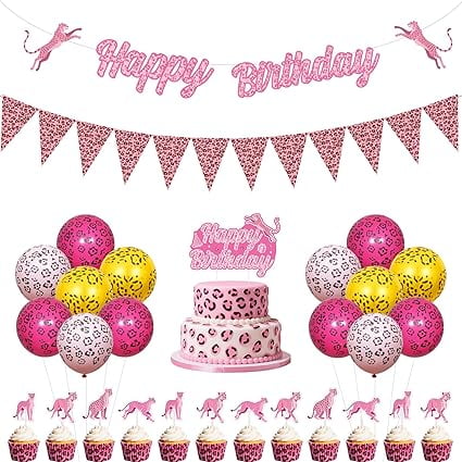 Leopard Print Birthday Decorations Pink - Happy Birthday Banner, Pink Cheetah Cupcake & Cake Toppers, Leopard Print Balloons for Girls Women Jungle Safari Animals Theme Party Supplies