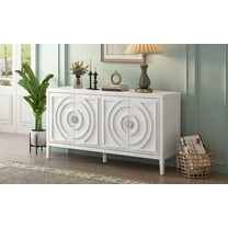 Sideboard Buffet Cabinet, 60" Retro Accent Circular Groove Cabinet with 4 Door & Round Metal Handle, Credenza Entryway Cabinet with Solid Wood Frame for Living Room, Dinning Room, White