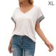 thumbnail image 1 of Camiseta de mujer Verano Cuello en V Rayas Manga corta Casual Top suelto, Blanco, XL Advancent AP001320-08, 1 of 7