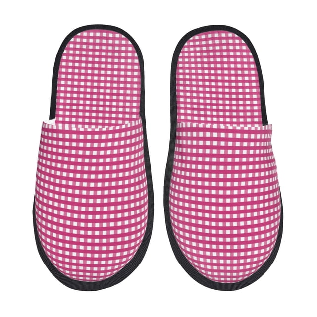 Fotbe Pink Gingham Pantuflas Peludas para Mujer con Estampado, Zapatillas de Peluche, Zapatos de Invierno para Casa, Uso Interior y Exterior-Medium