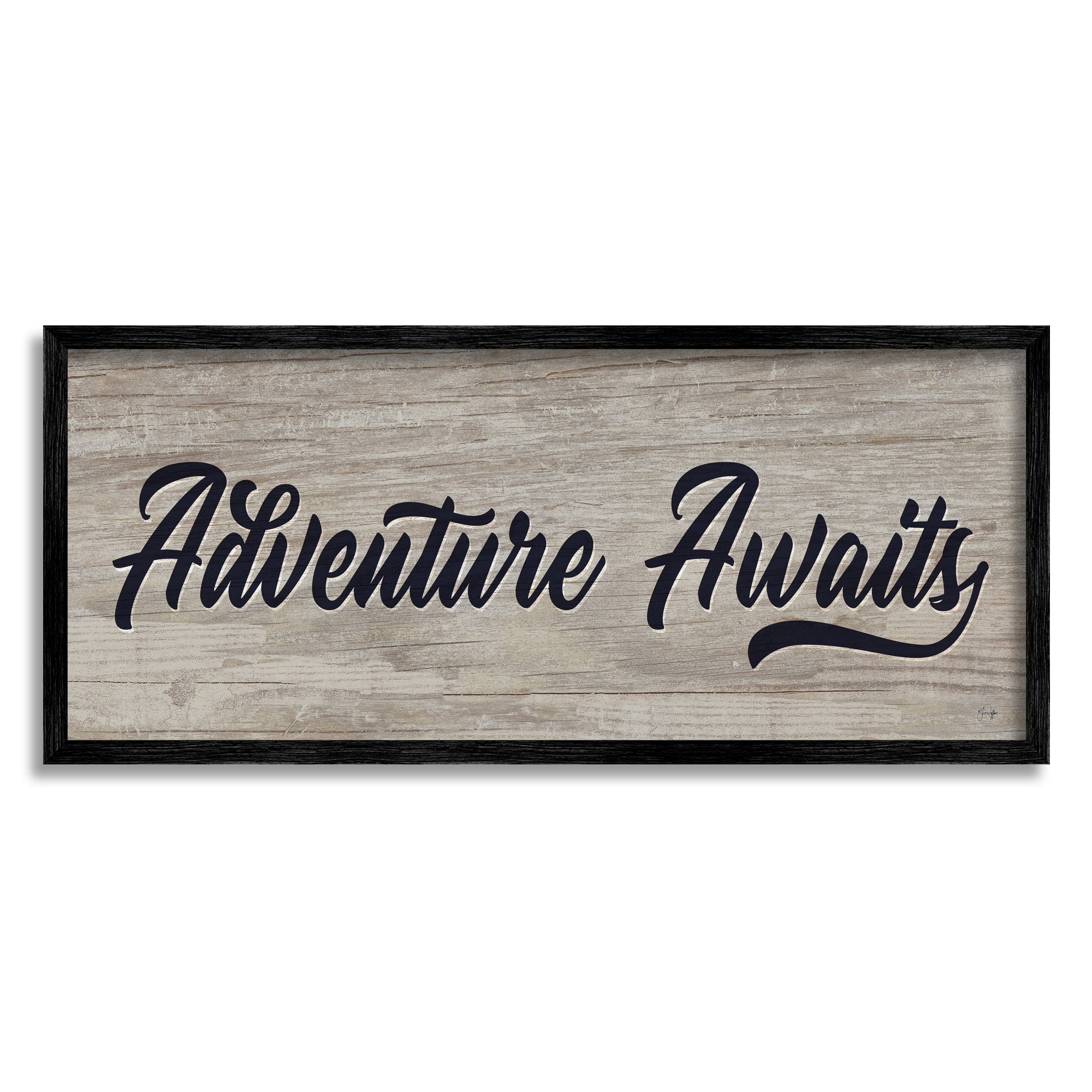 Stupell Industries Adventure Awaits Rustic Vintage Typography Grain Pattern Graphic Art Gray Framed Art Print Wall Art, Design by Yass Naffas Designs