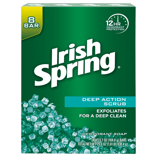Irish Spring Deep Action Scrub, Exfoliating Bar Soap, 3.7 Ounce, 8 Bar Pack
