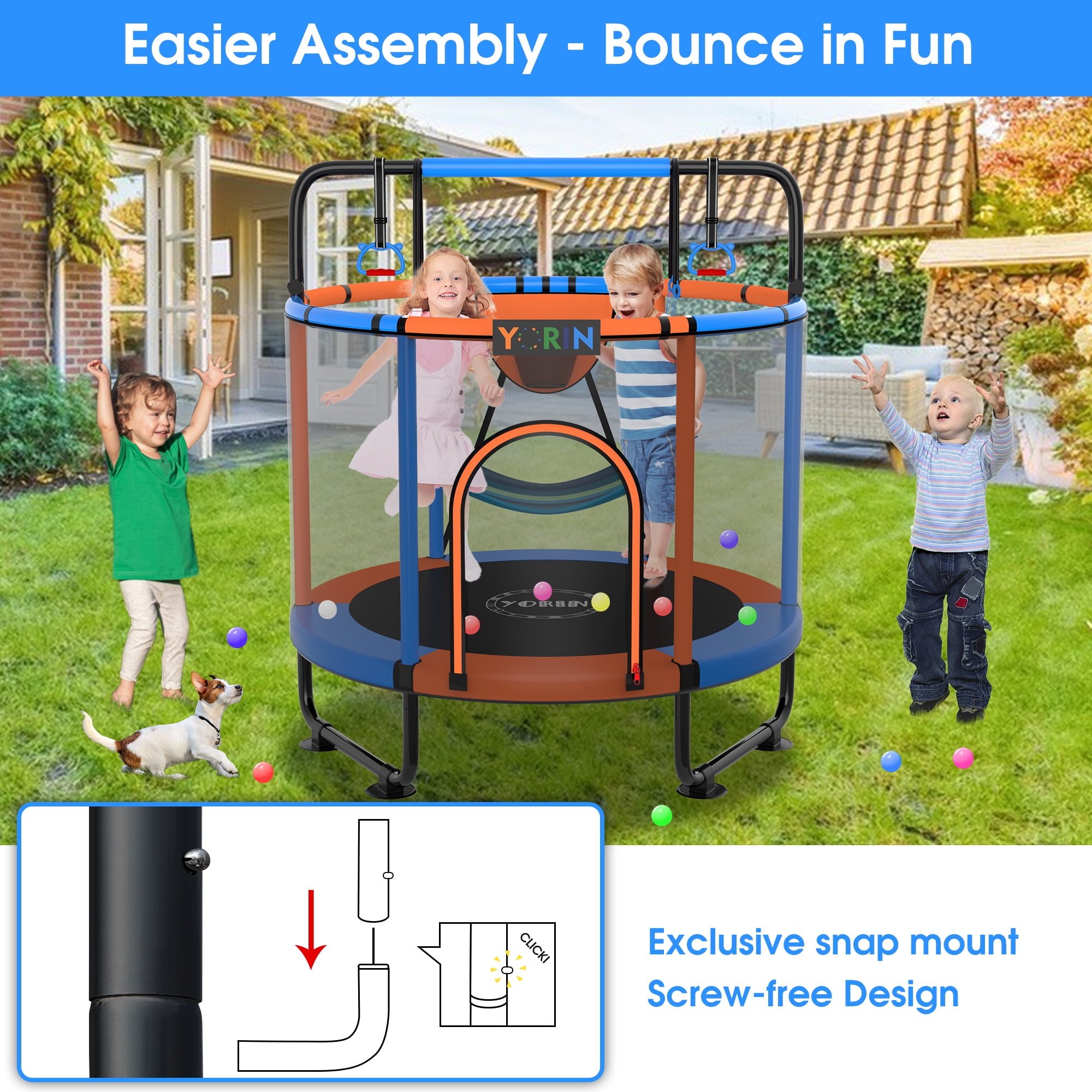 YORIN Trampoline for Kids, 65'' Toddler Mini Trampoline with Enclosure Net, Basketball Hoop, 5.5FT Indoor/Outdoor Kids Trampoline with Swing, Adjustable Gymnastics Bars, Gifts for Boys Girls, 650LBS
