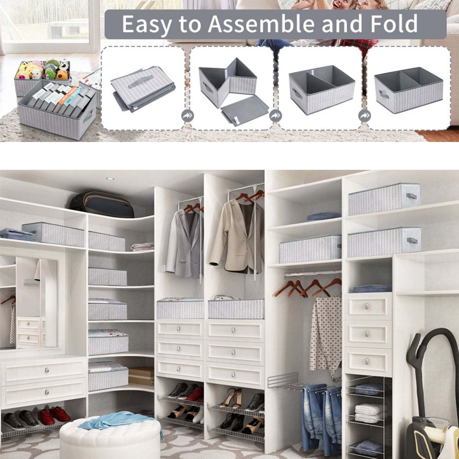 Storage Bins, 3 Pcs Fabric Storage Cube Bins, Folding Closet Organizer Baskets Trapezoid Toys Organizer Box for Kids, Jeans, DVD, Book, Baby Clothes Organizer, Home Organization, Ash Gray