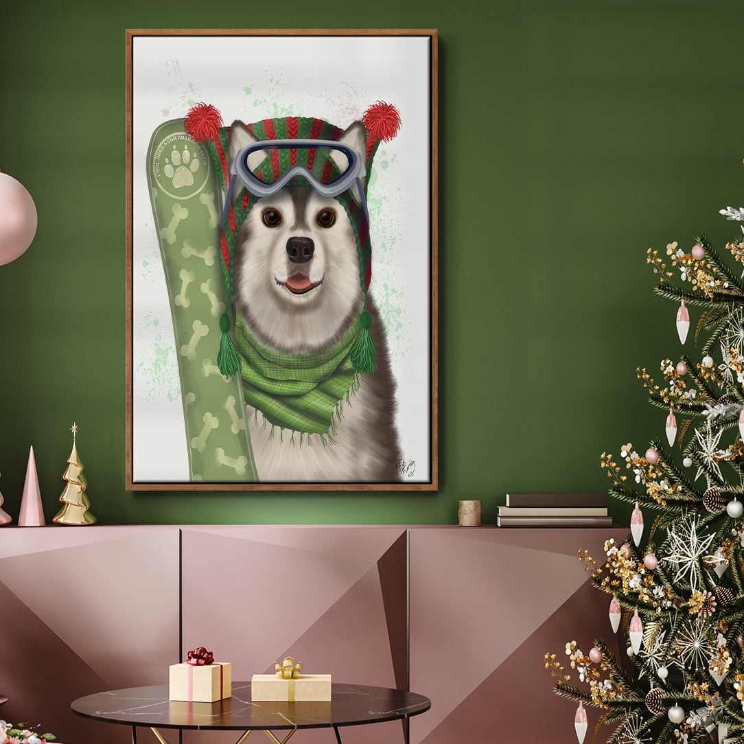 Christmas Husky Snowboard - Framed Gallery Wrapped Holiday Canvas - 27 x 41 - Rosewood Frame