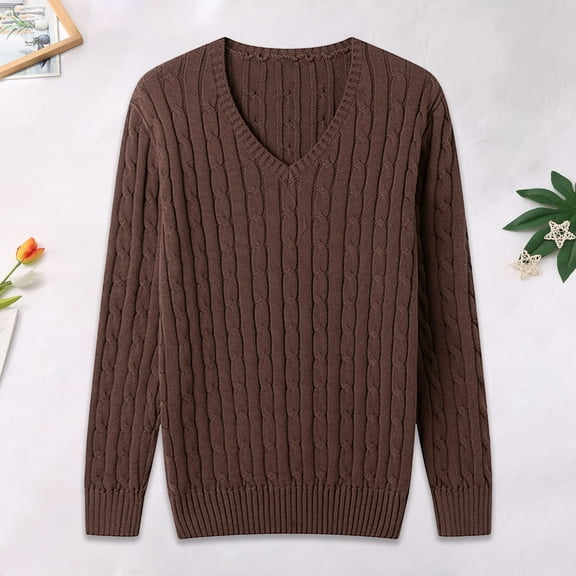 NTACZA Men Sweater Cable Knit V Neck Brown Long Sleeve Sweaters Loose Solid Pullover Knitwear Mens Jumpers L