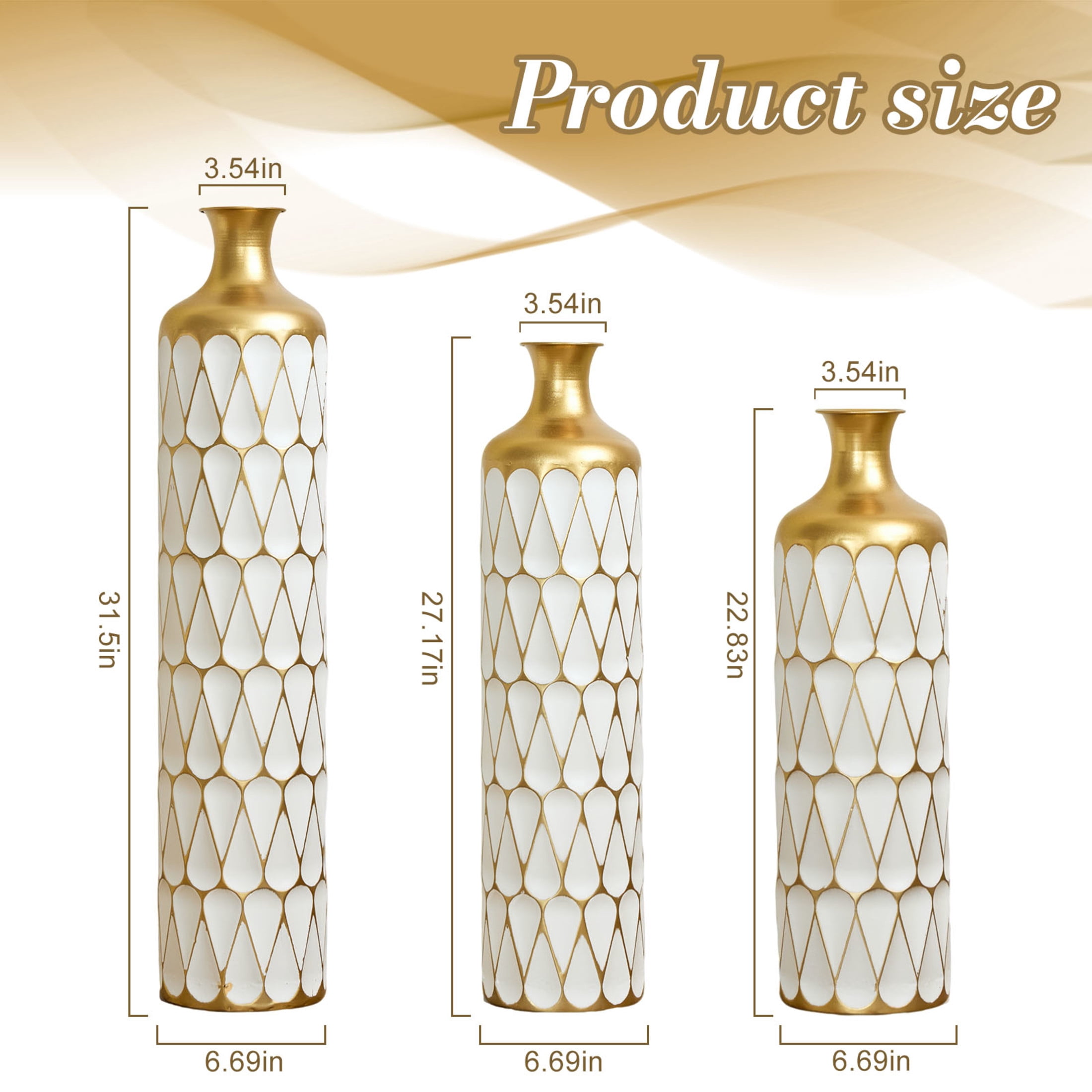 Noble House 22.83", 27.17", 31.5" Metal Floor Vase Set of 3, Geometric Textured Vases, Gold+White