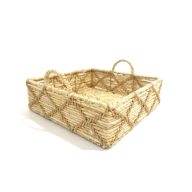 Square Hometrends serving tray woven from paper and maize featuring geometric patterns and two looped handles.