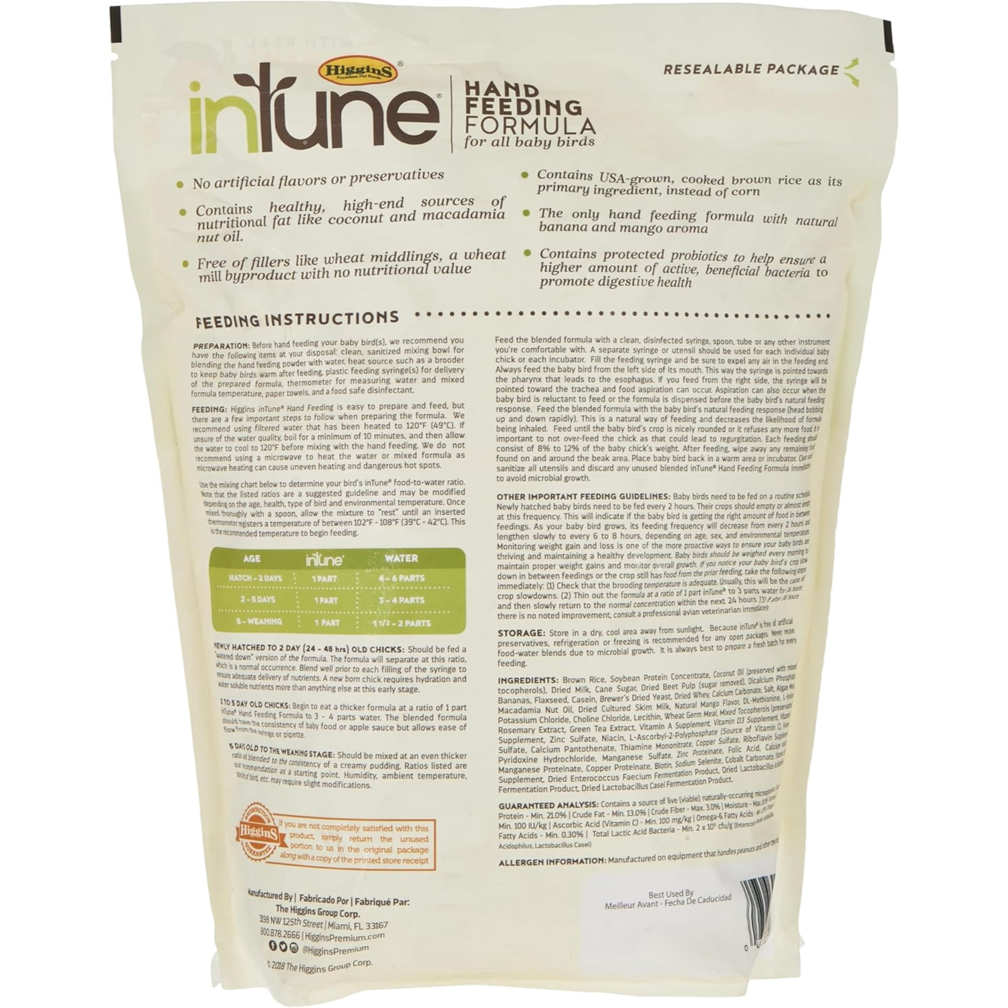 Higgins Intune Natural Hand Feeding Regular Formula Bird Food, 5 Lb