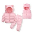 thumbnail image 2 of Godderr 3Pcs Boys Girls Puffer Down Coats Snowsuit Outwear Set for Kids Toddler Solid Color Ears Hooded Zipper Puffer Jacket+High Waist Snow Pants Ski Suits+down Waistcoat, 2 of 7