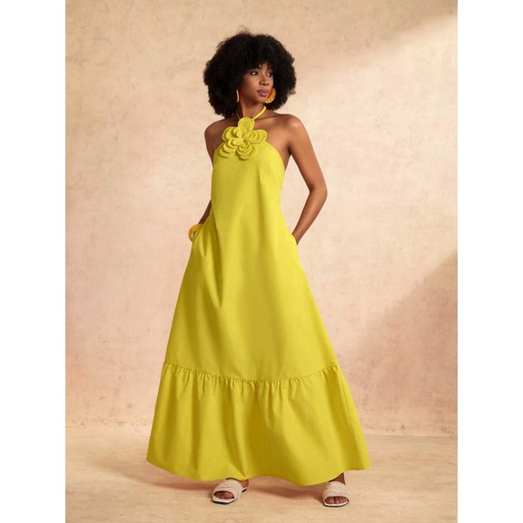 Yellow Halter Neck Maxi Dress With 3D Flower Detail, A-Line Loose Fit, Casual Elegant Everyday Wear