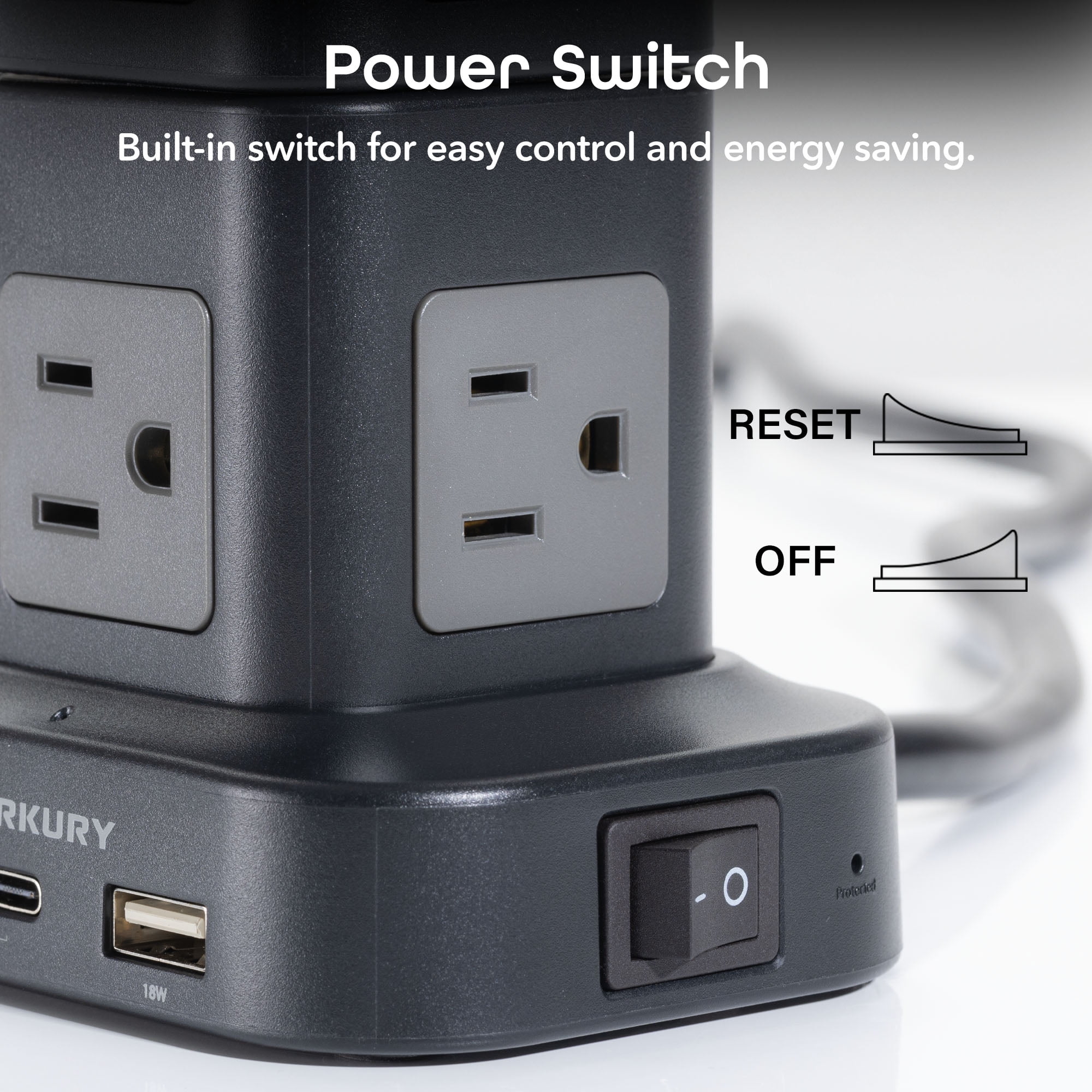 Merkury Innovations Power Tower Surge Protector, 14 AC, 6 USB-A, 4 USB-C, 4ft Cord, Black