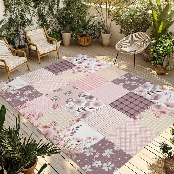 Boho Spring Floral Outdoor Rug for Patio/Deck/Porch, Non-Slip Large Area Rug 4 x 6 Ft, Vintage Flowers Patchwork Plaid Pink Indoor Outdoor Rugs Washable Area Rugs, Camping Rug Carpet Runner