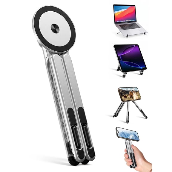 4-in-1 Foldable Laptop Stand & Magnetic Phone Holder, Silver Aerospace Aluminum Portable Desk Mount with N52 MagSafe Compatible Tripod Handle for MacBook Pro, iPad, Travel & Vlogging