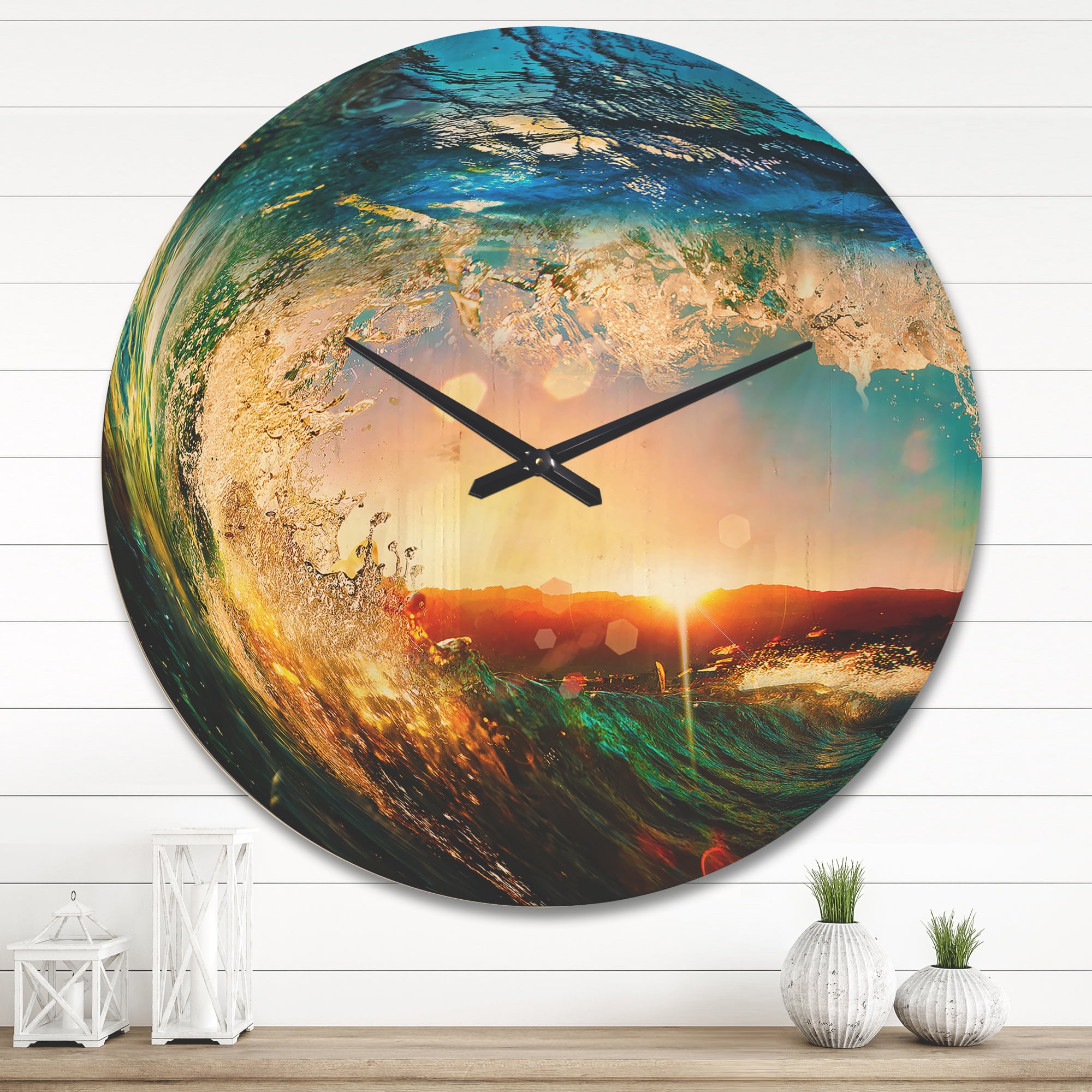 Designart 'Colored Ocean Waves Falling Down At Sunset' Modern Wood Wall Clock