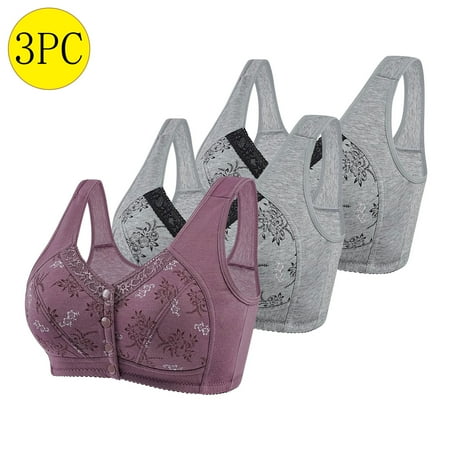 WIZUTIZ Bras for Women Front Closure Plus Size Bras for Women 3-Pack Supportive Bras No Underwire Deep Cup Lightly Lined Full Coverage Bras Solid Embroidered Underwear for Ladies Hiking 40 Purple