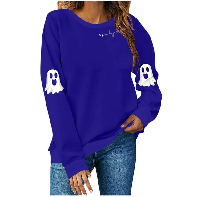 NMMUED Chandails d'Halloween pour Femmes, Chandails à Manches Longues pour Femmes, Chandails d'Halloween pour Femmes, Chandail à Col Rond Surdimensionné pour Femmes, Chandail d'Halloween Chat Noir, Bleu TTG