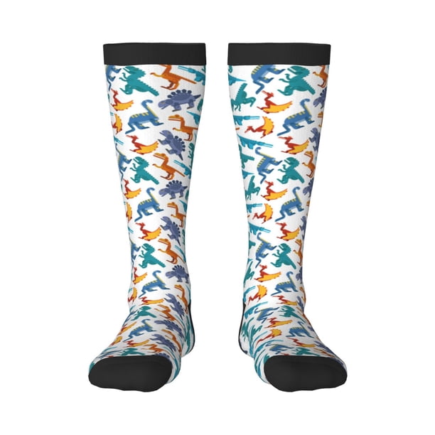 Fotbe Block Dinosaur Calcetas Divertidas Estampadas para Hombre y Mujer, Calcetas de Algodón hasta la Rodilla para Caminar, Correr, Enfermería y Embarazo