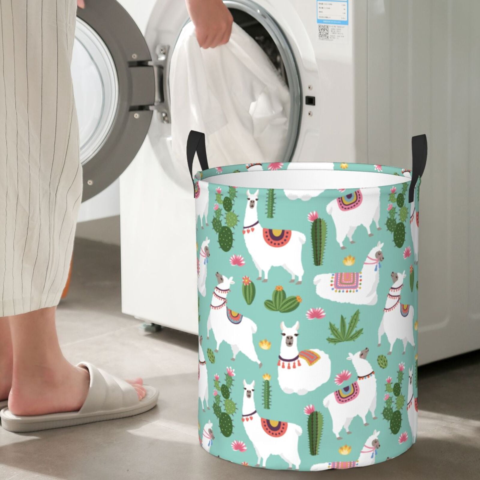 Large Laundry Basket with Handles - White Cute Alpaca Green Cactus Kids Baby Dirty Clothes Laundry Hamper for Bedroom Aesthetic