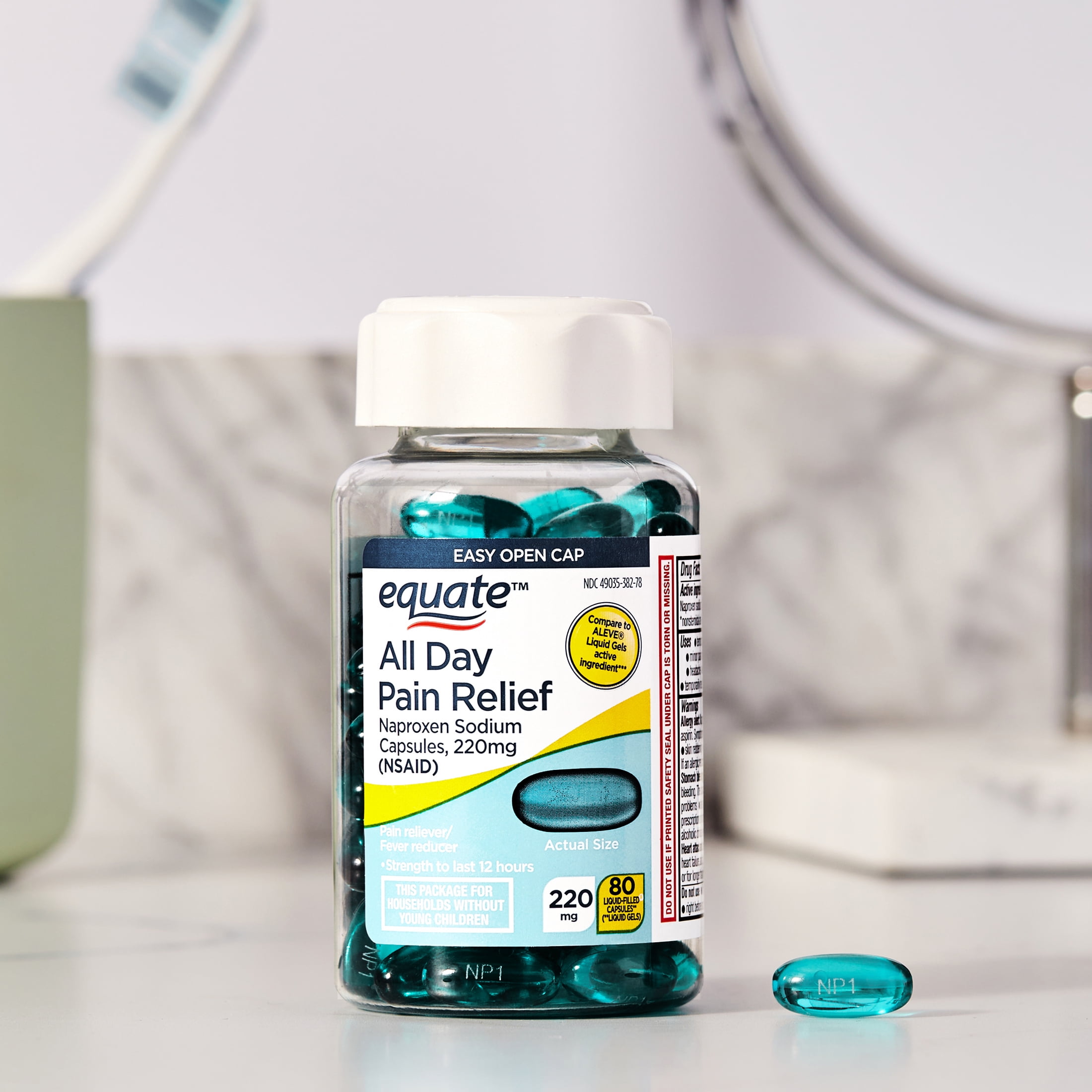 Equate All Day Pain Relief Naproxen Sodium Liquid Gels, 220 mg, 80 Count, Easy Open Cap, Compare to ALEVE® Liquid Gels Active Ingredient