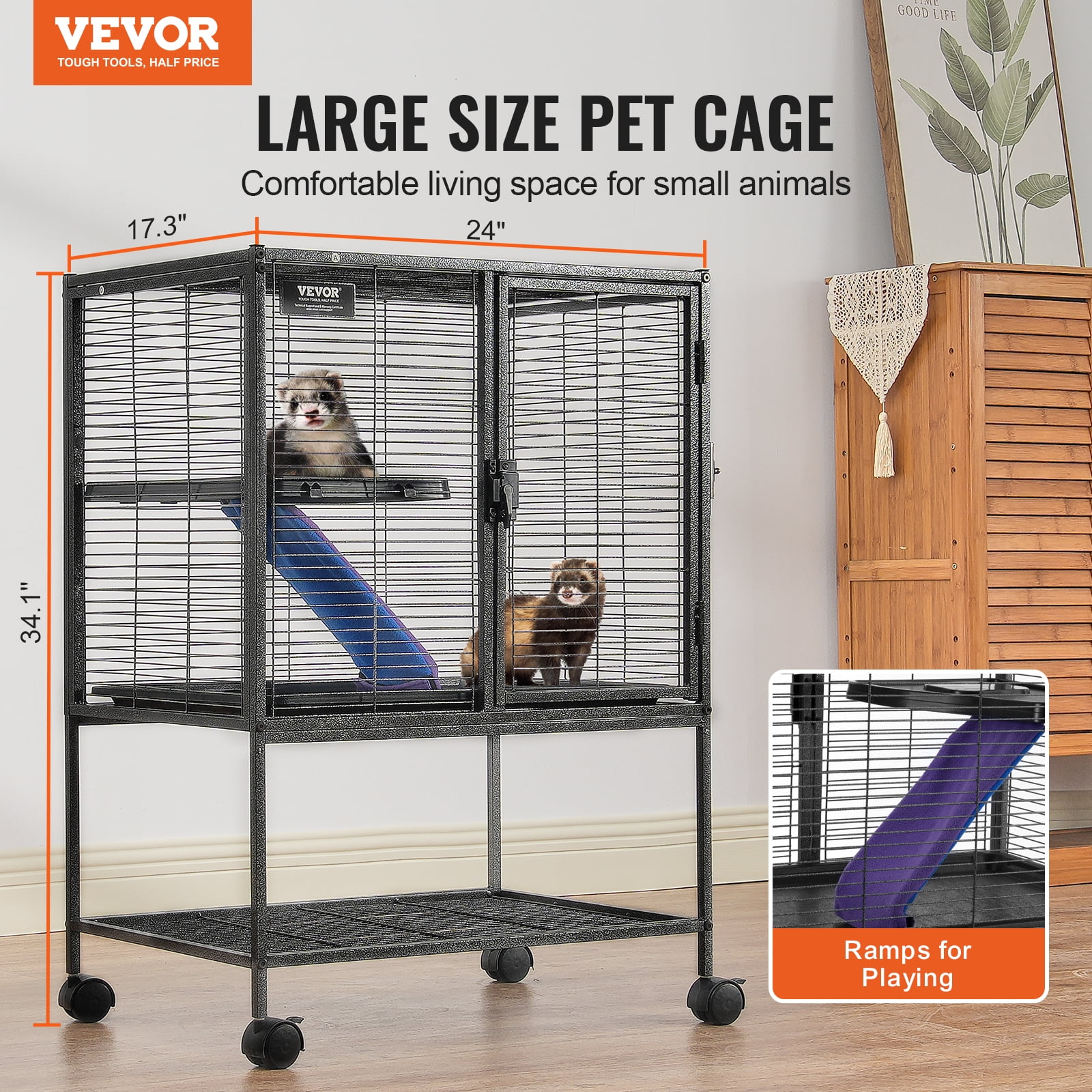 VEVOR 34" Rolling Metal Ferret Cage, Large 2-Tier Small Animal Cage with Ramps & Tray, Easy to Set up for Pet Rats, Hamster, Guinea Pig, Chinchilla, Squirrel, Hedgehogs, Bunny