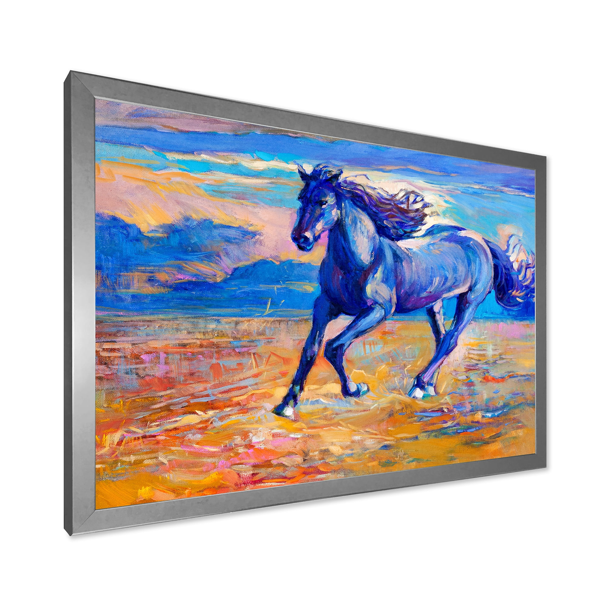 Designart 'Abstract Blue Horse Galoping Over The Prairie' Farmhouse Framed Art Print
