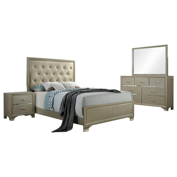 Delphine 14 Piece Queen Size Bedroom Set, Champagne Wood & Faux Leather, Contemporary Delphine 14 Piece Queen Size Bedroom Set, Champagne Wood & Faux Leather, Contemporary