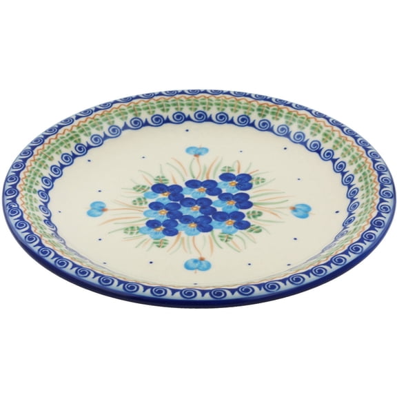Polish Pottery 10¼-inch Lunch Plate (Blue Pansy Theme) Hand Painted in Boleslawiec, Poland   Certificate of Authenticity