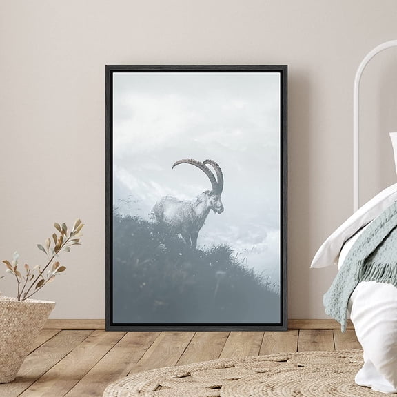 PixonSign Framed Canvas Print Wall Art Ram on Dark Mountain Cliff Animals Wildlife Photography Modern Art Farmhouse/Country Ultra Blue and White for Living Room, Bedroom, Office - 24"x36" Black