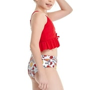Fesfesfes Girls Summer Swimsuits Casual Cute Floral Print Double Ruffle Sling Swimwear Beach Swimsuits Split Two-Piece Bikini Sets