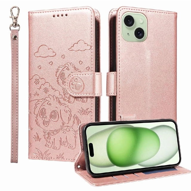 Funda Cartera GANGXUN con Diseño de Perrito en Relieve para iPhone 15 Plus , Protección 360° con Ranuras y Correa Desmontable