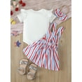 thumbnail image 5 of Aojekbee Baby Girl 4th of July Outfits Solid Color Short Sleeve Romper with Letter Embroider Stripe Print Overall Dress Headband, 5 of 10