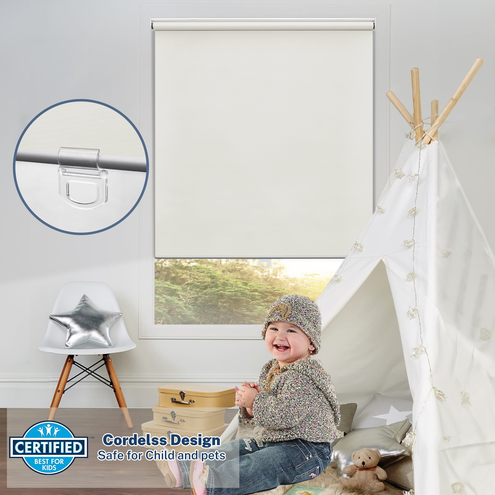 Keego Cordless Roller Blinds for Window 100% Blackout Privacy Bedroom Shade UV Protection Blinds for Office and Home, Ivory, 27"W x 42"H