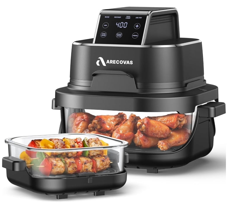 Arecovas 4-in-1 Portable Glass Air Fryer, 140–400°F Precise Heat, Max Crisp Technology, 4.2QT & 1.6QT Dual Capacity, Freezer & Dishwasher Safe, Bake, Recrisp, Air Fry